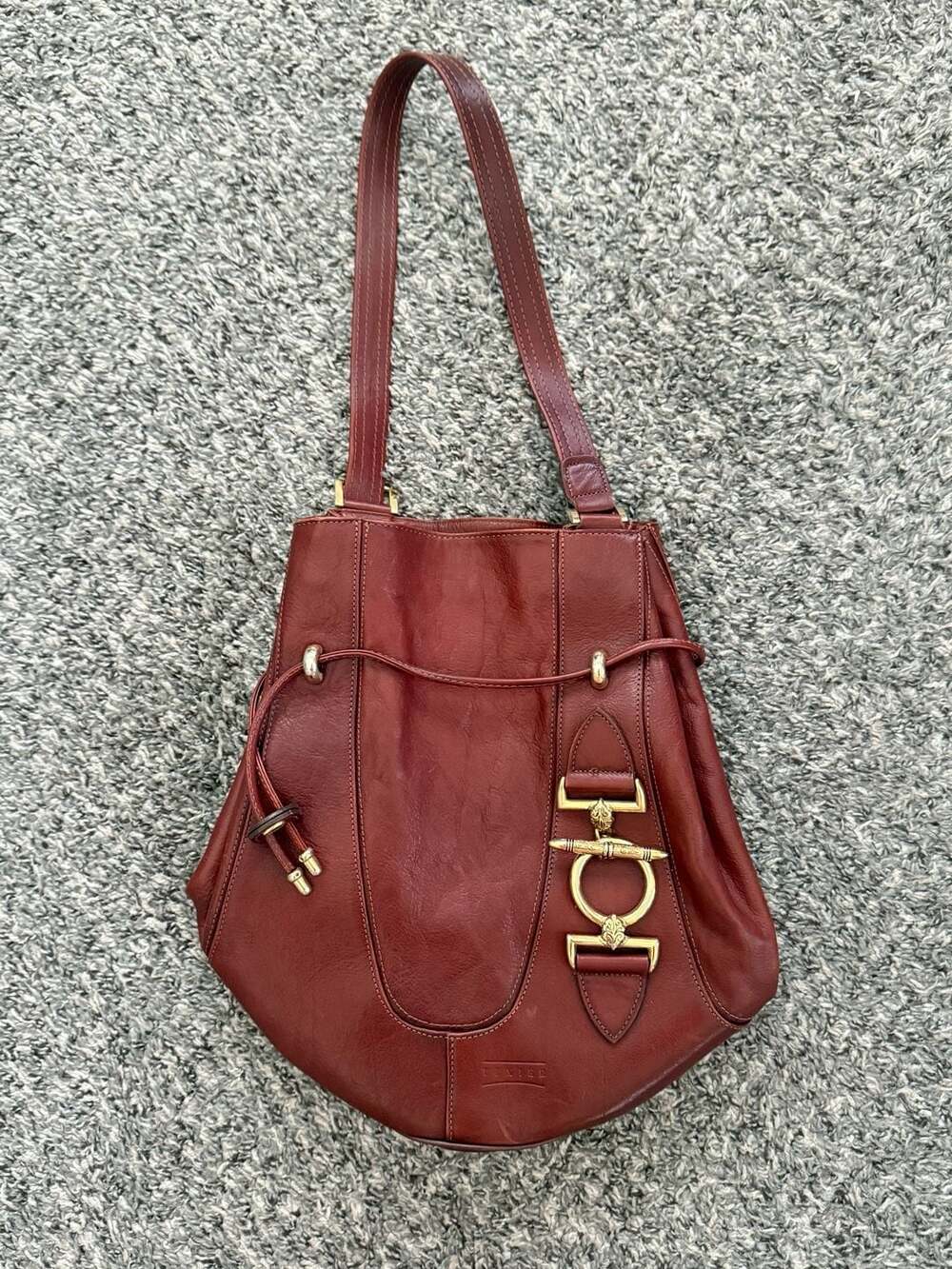 Vintage Texier Burgundy Leather Drawstring Bucket Shoulder Bag